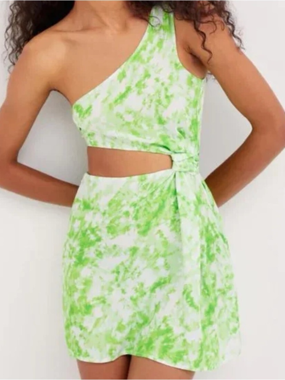 For Love & Lemons Green and White One-Shoulder Tie-Waist Dress